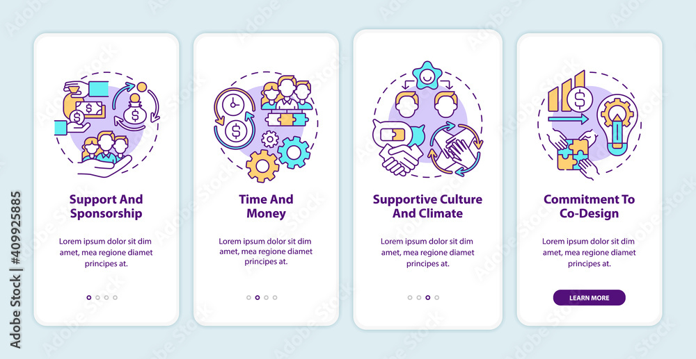 Conditions for co-design onboarding mobile app page screen with concepts. Sponsorship, supportive climate walkthrough 4 steps graphic instructions. UI vector template with RGB color illustrations