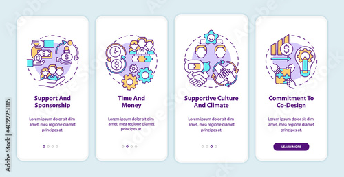 Conditions for co-design onboarding mobile app page screen with concepts. Sponsorship, supportive climate walkthrough 4 steps graphic instructions. UI vector template with RGB color illustrations