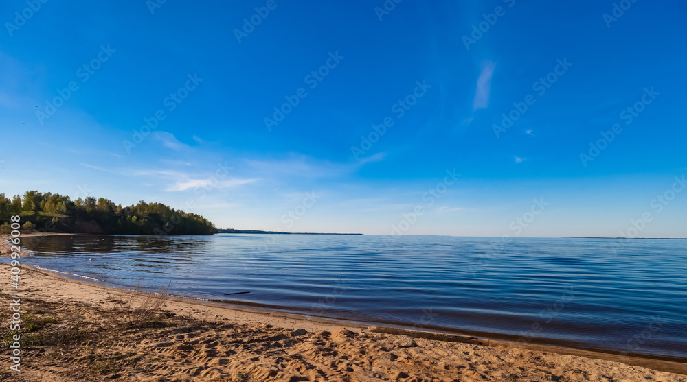 River with sandy beach in Sunny summer