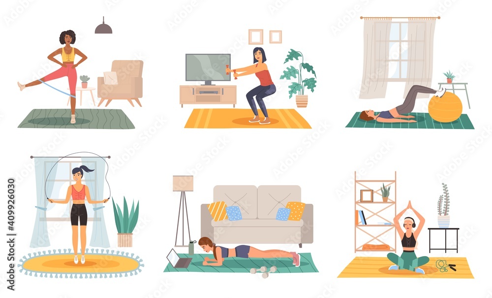 Home sport training. Female fitness activity in room, healthy lifestyle and workout scenes set, girl doing physical exercises yoga and gymnastics in house gym with sports equipment vector set