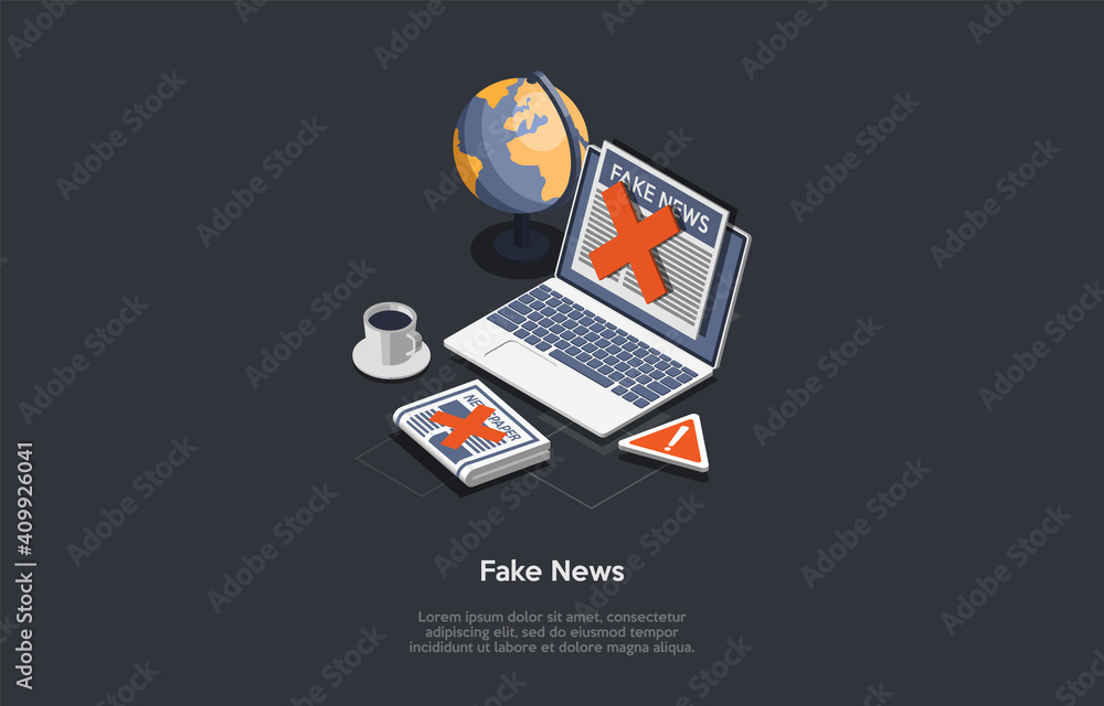 Vector Illustration In Cartoon 3D Style. Isometric Composition On Fake News And Media Content Concept. Dark Background And Writings. Laptop With Red Cross On Screen, Newspaper And World Globe Near Vector Illustration In Cartoon 3D Style. Isometric Composition On Fake News And Media Content Concept. Dark Background And Writings. Laptop With Red Cross On Screen, Newspaper And World Globe Near