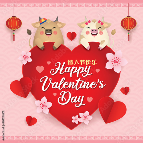 2021 year of the Ox Valentine's greeting card. Cartoon cow couple holding red heart with lantern and peach blossom. 14 february Chinese New year illustration. (translation: Happy Valentine's Day)