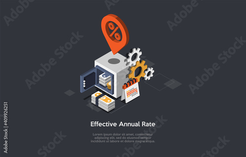 Effective Annual Rate Conceptual Illustration In Cartoon 3D Style. Isometric Vector Composition On Dark Background With Text And Infographics. Strongbox With Money Inside. Safe Deposit And Percentage