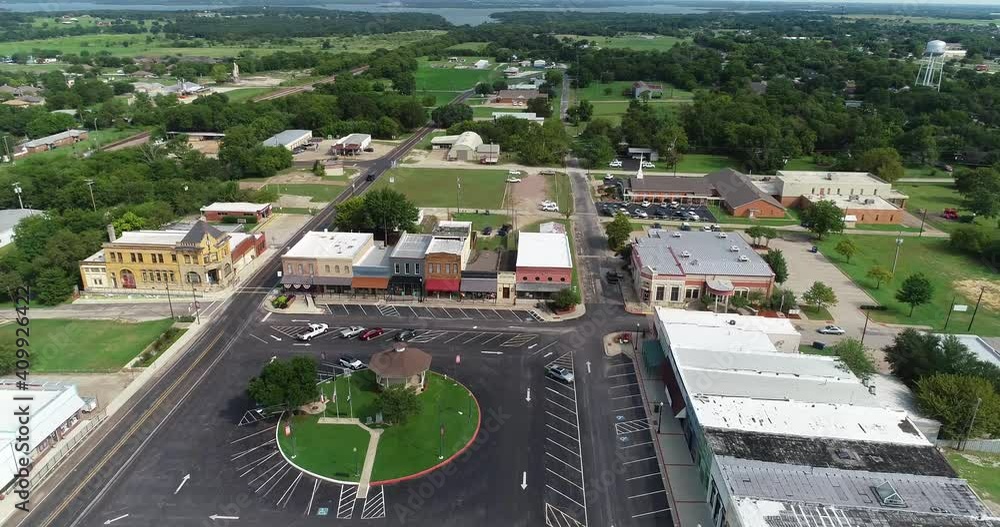 Aerial flight over town square on Pilot Point in Texas. Aerial flight over town square on Pilot Point in Texas.