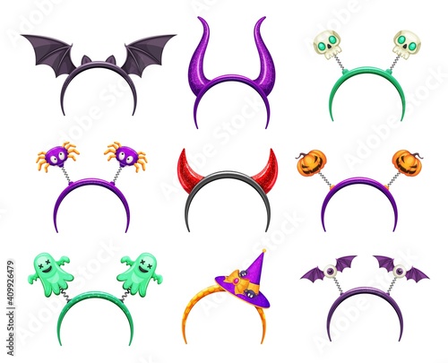 Halloween creepy headband with horns and monster. Head hoop with devil horns  bat wings and spider  hair band with scull  ghost and pumpkin  witch hat  flying eye cartoon vector. Party costume element