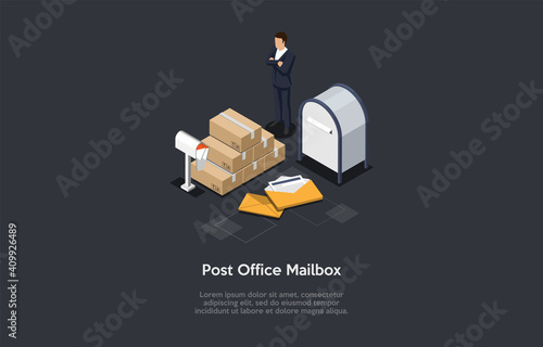 Post Office Mailbox Vector Illustration, Cartoon 3D Style. Isometric Vector Composition, Dark Background, Writing, Objects And Character. Letter Mails, Cardboard Boxes Parcels And Businessman Standing