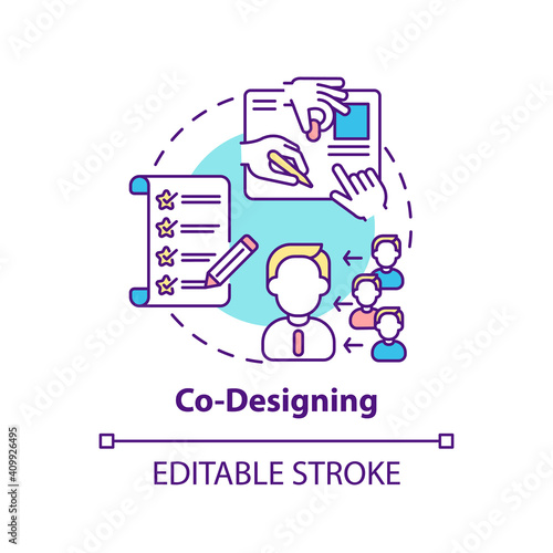 Co-designing concept icon. Co creation type idea thin line illustration. Design developing process with stakeholders. Collaborative approach. Vector isolated outline RGB color drawing. Editable stroke