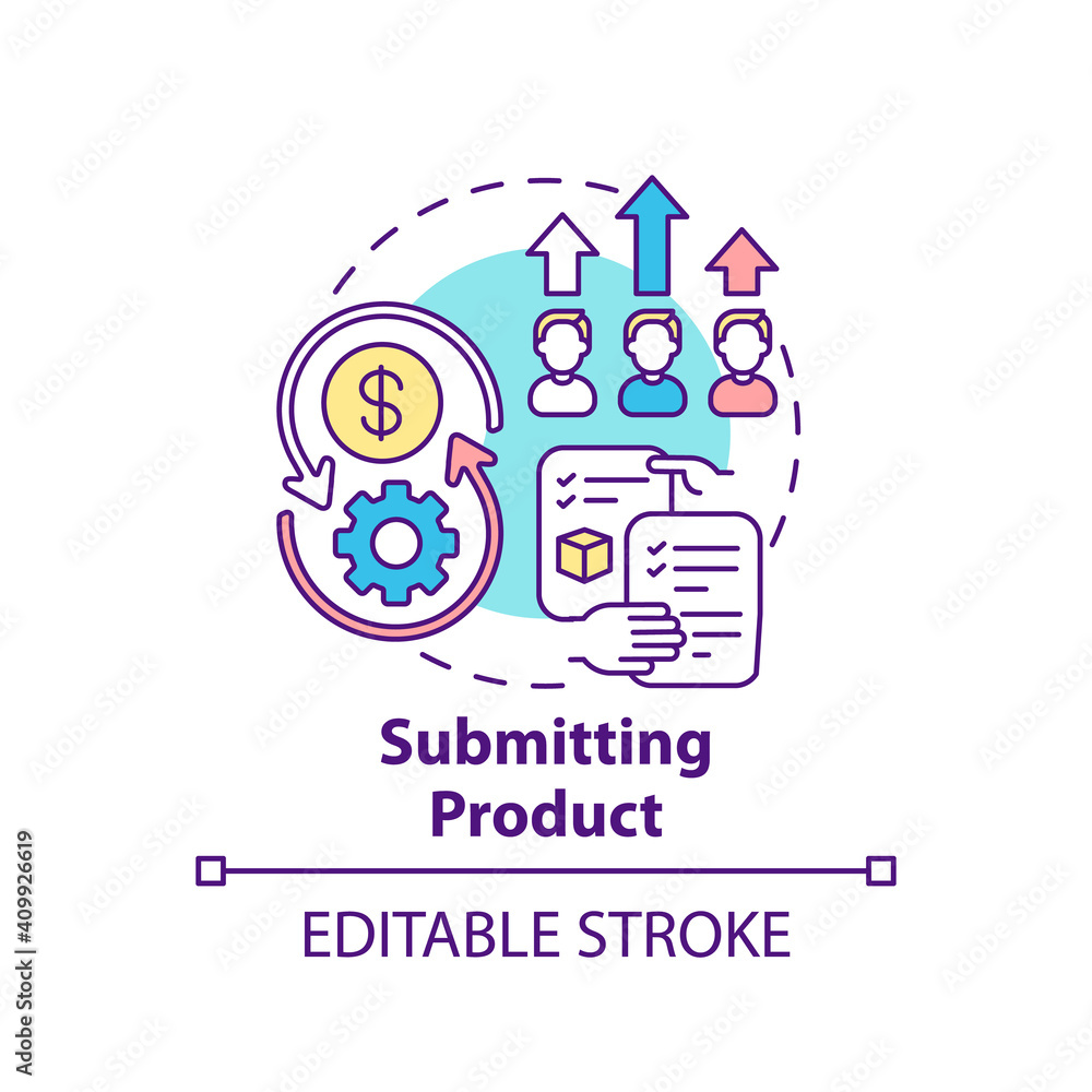 Submitting product concept icon. Co creation type idea thin line illustration. New and innovative ideas for products and solutions. Vector isolated outline RGB color drawing. Editable stroke