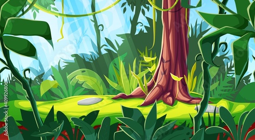 Cartoon game interface, vector forest background or jungle landscape, seamless parallax effect. Panorama with tropical plants, lianas and tree trunk with falling sunlight on green grass on ground