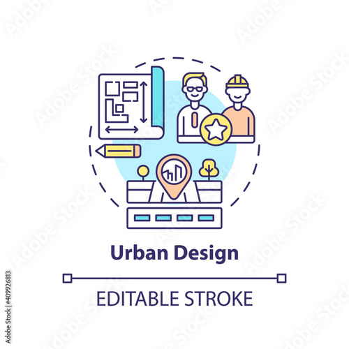 Urban design concept icon. Co-design application field idea thin line illustration. Designing streets and spaces, towns and cities. Vector isolated outline RGB color drawing. Editable stroke