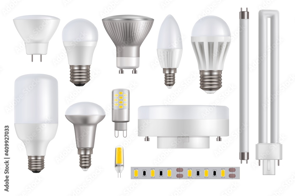tieners nadering Rodeo Vecteur Stock LED light bulbs isolated on white background realistic vector  mockup. LED lamps, lightbulbs and tubes, strip or tape with light-emitted  diodes. 3d electrical power equipment or household accessories | Adobe