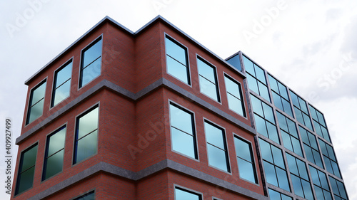 red brick facade and glass two building office towers skyscraper 3D illustration