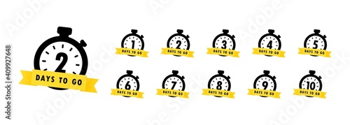 2 days to go icon set. Countdown of days remaining. Offer timer, sticker limited to a few days. Vector EPS 10. Isolated on white background
