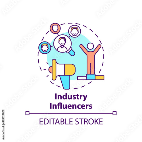 Industry influencers concept icon. Co-creation participant idea thin line illustration. Testimonial advertising. Brand promotion. Vector isolated outline RGB color drawing. Editable stroke
