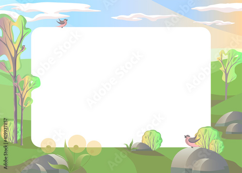 Summer, children's frame template with a beautiful, bright landscape for photos, ads, certificates, invitations. Vector illustration