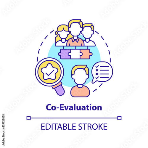 Co-evaluation concept icon. Co-production element idea thin line illustration. Co-assessment. Finding existing problems in work. Vector isolated outline RGB color drawing. Editable stroke