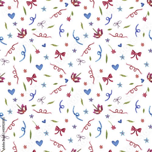 Watercolor seamless pattern with hearts, bows, ribbons, petals and flowers. Blue and red shades on a white background. Bright pattern for Valentine's Day.