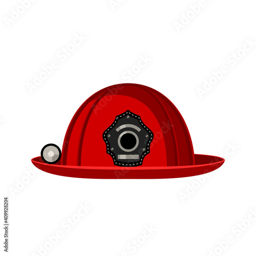 Fireman's helmet with flashlight, red. Isolated color image. Vector illustration