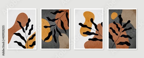 Botanical wall art vector set. Minimal and natural wall art. Boho foliage line art drawing with abstract shape. Abstract Plant Art design for print, wallpaper, cover. Modern vector illustration.