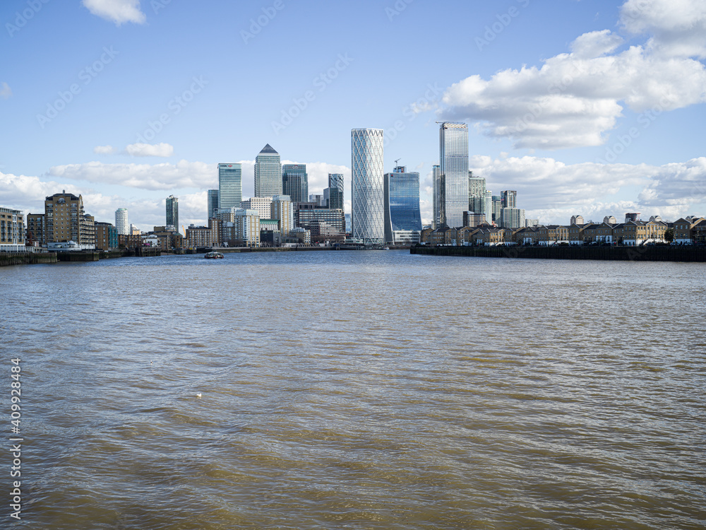 River Thames and Canary Wharf skyline, London, UK River Thames and Canary Wharf skyline, London, UK