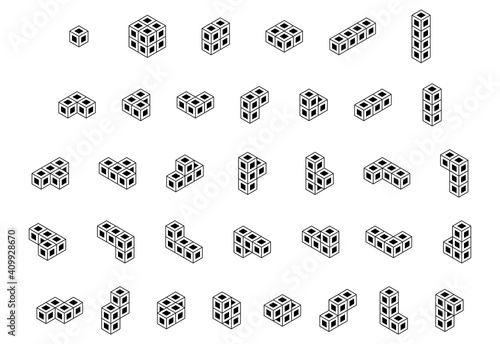 Set of black outline tetris game blocks isolated on white. Monochrome isometric vector illustration, 3d puzzle