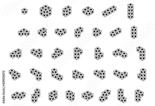 Set of black outline tetris game blocks isolated on white. Monochrome  isometric vector illustration, 3d puzzle