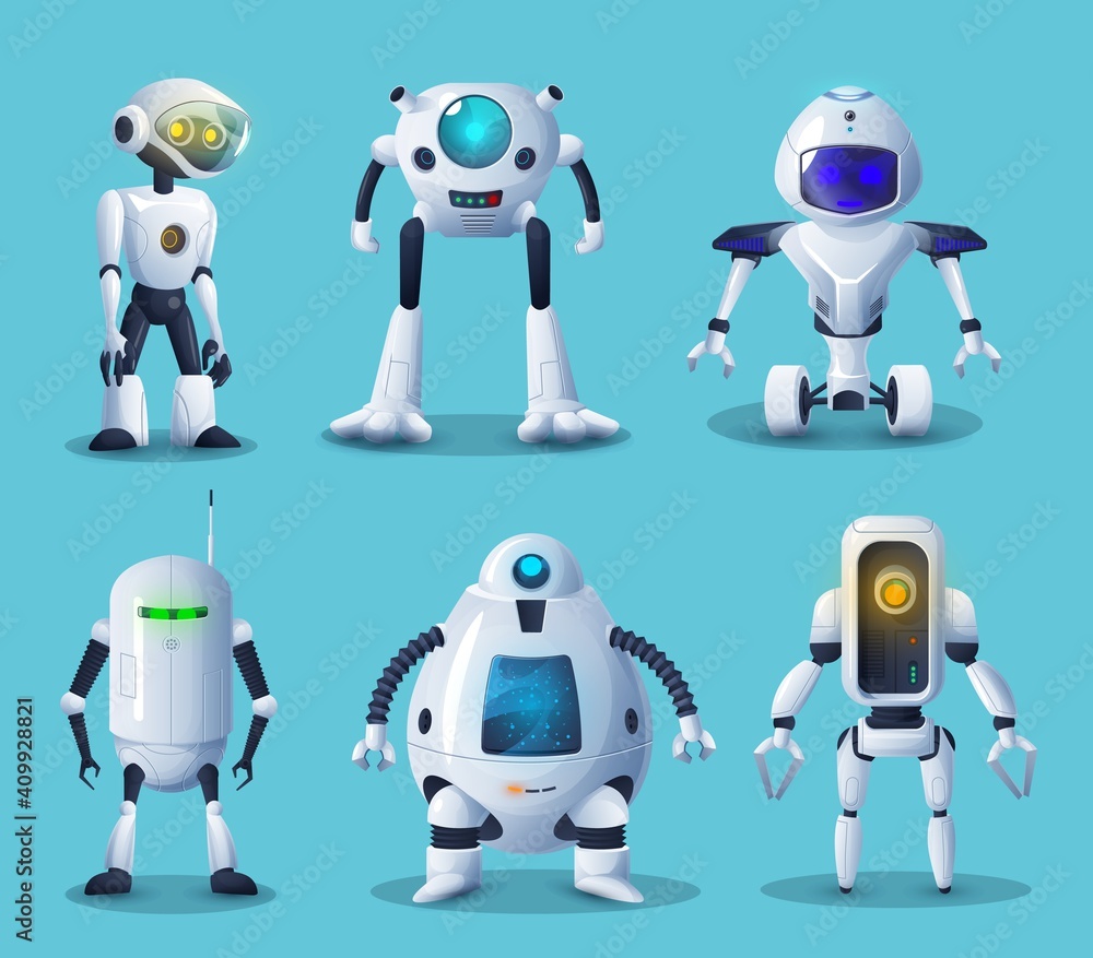 Robot and android bot vector characters of artificial intelligence  technologies. Cartoon white cyborgs and droids with robotic arms,  manipulators, legs and wheels, modern robot helpers design Stock-vektor |  Adobe Stock