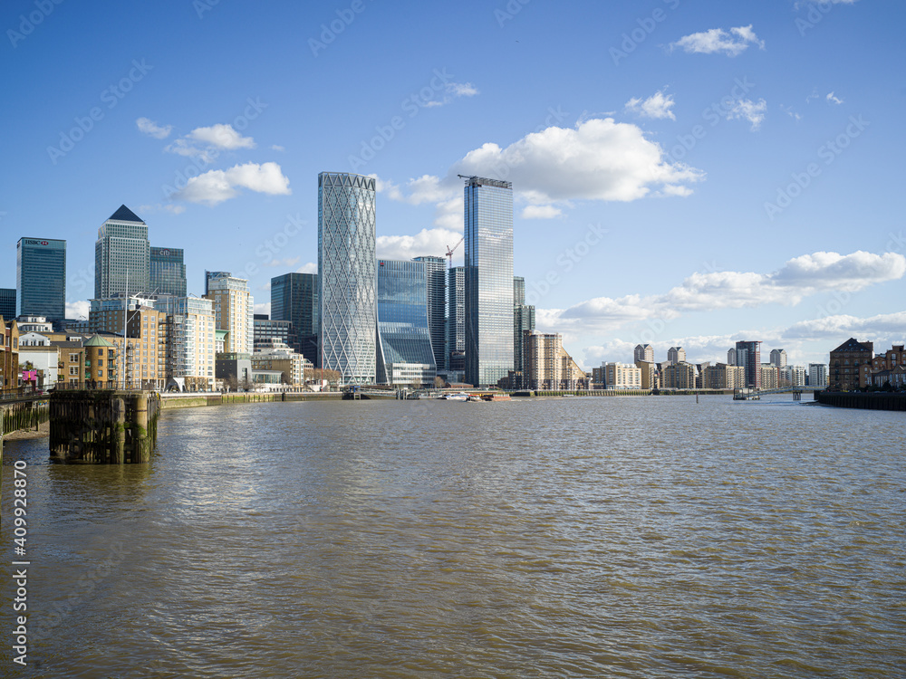 River Thames and Canary Wharf skyline, London, UK