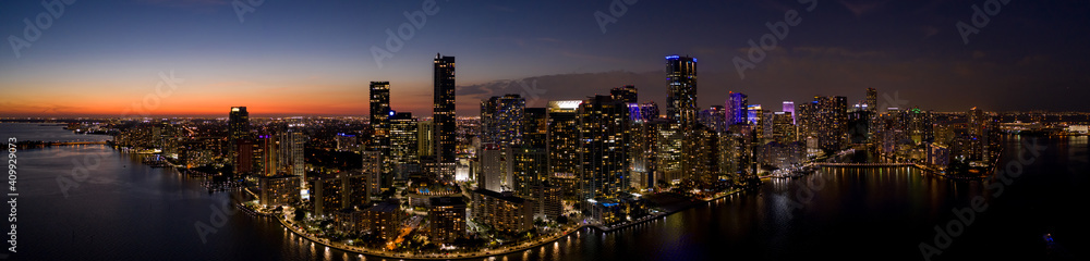Aerial twilight night panorama Miami Brickell