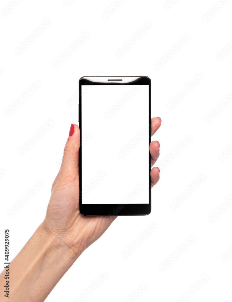 Smartphone with a white screen in a female hand isolated on a white background. Smartphone with a white screen in a female hand isolated on a white background.