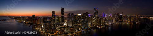 Aerial twilight night panorama Miami Brickell