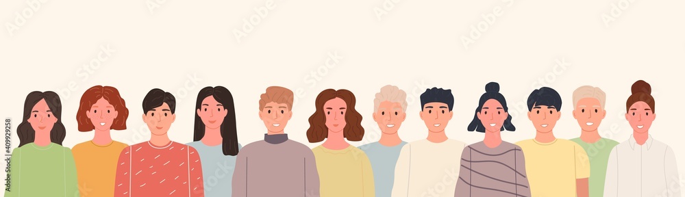 Group of smiling people standing together in line on isolated background. Portrait happy crowd persons. Vector illustration flat style Group of smiling people standing together in line on isolated background. Portrait happy crowd persons. Vector illustration flat style