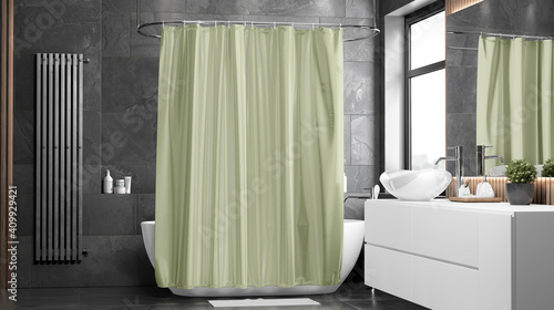 Blank green closed shower curtain mockup, front view photo
