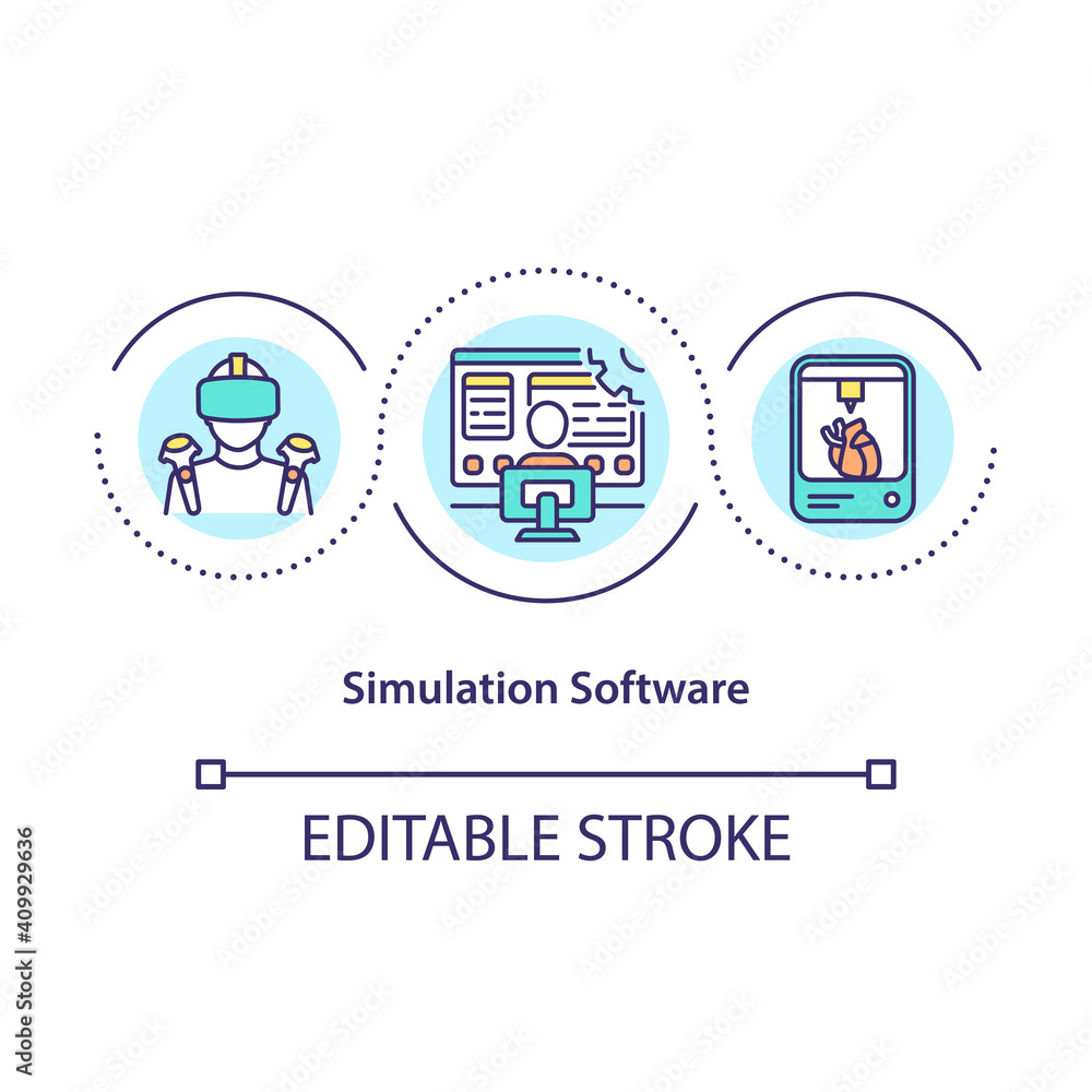 Simulation software concept icon. Discrete event and continuous simulation idea thin line illustration. Vector isolated outline RGB color drawing. Modeling with mathematical formulas. Editable stroke