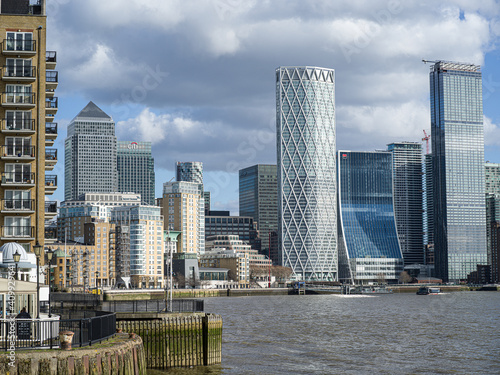 River Thames and Canary Wharf skyline  London  UK