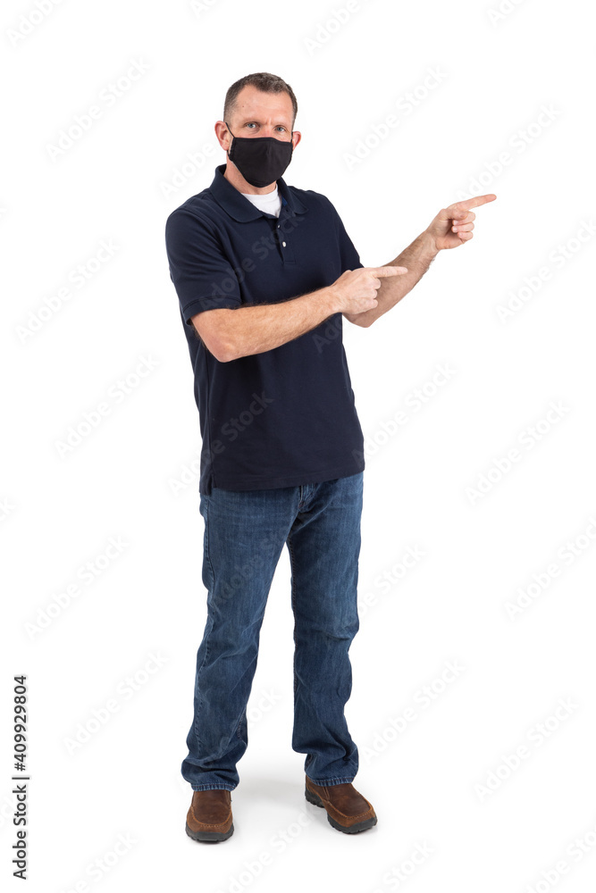 Man Wearing Face Mask Pointing To Side Man Wearing Face Mask Pointing To Side
