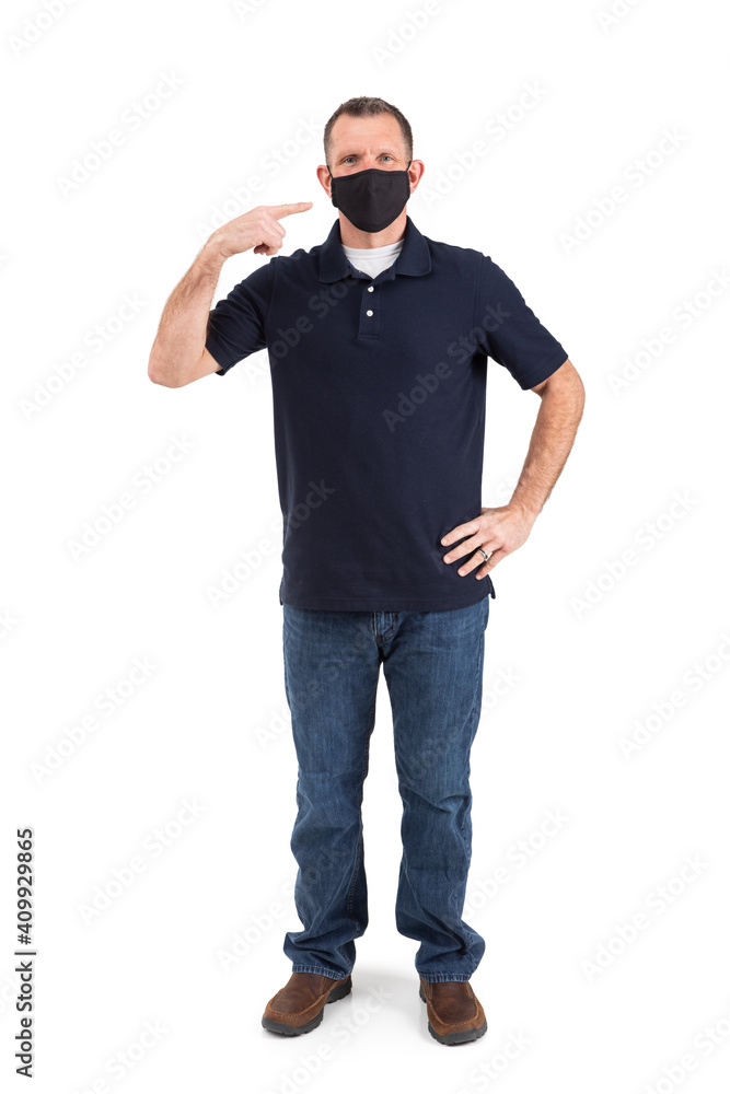 Man Points To Own Cloth Face Mask Man Points To Own Cloth Face Mask