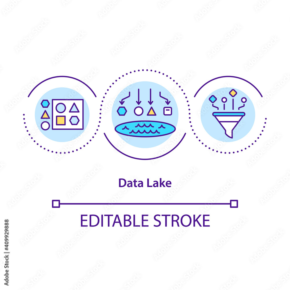 Data lake concept icon. Data storage strategy idea thin line illustration. Flat architecture store data. Structured and unstructured data. Vector isolated outline RGB color drawing. Editable stroke Data lake concept icon. Data storage strategy idea thin line illustration. Flat architecture store data. Structured and unstructured data. Vector isolated outline RGB color drawing. Editable stroke
