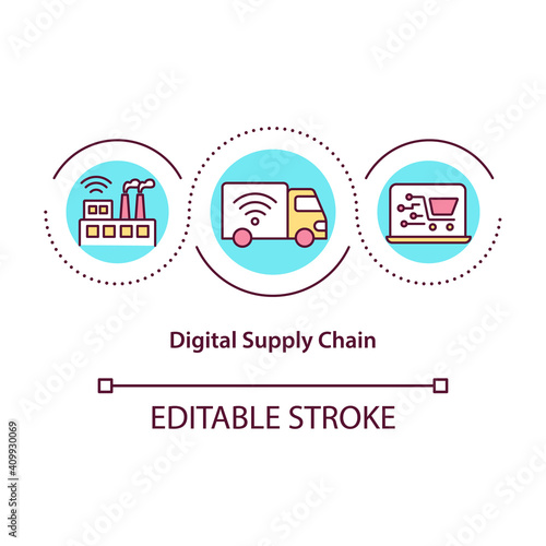 Digital supply chain concept icon. Difficulty introducing digital supply chain idea thin line illustration. Problems of chain visibility. Vector isolated outline RGB color drawing. Editable stroke