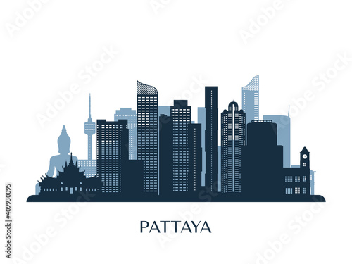 Pattaya skyline, monochrome silhouette. Vector illustration.