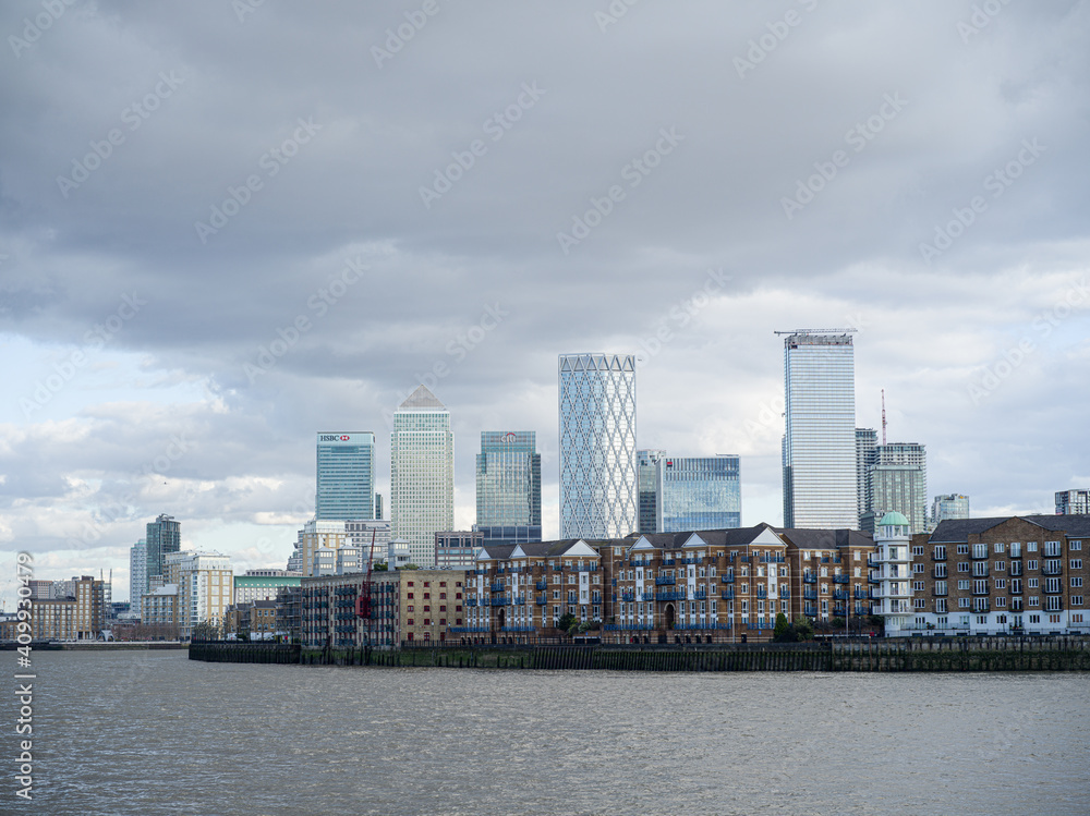 River Thames and Canary Wharf skyline, London, UK