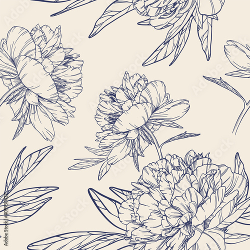 Vector vintage seamless pattern with elegant peony buds on a light brown background. Large black and white outline flowers. Hand drawn plant element. Imitation of a drawing on old craft paper.