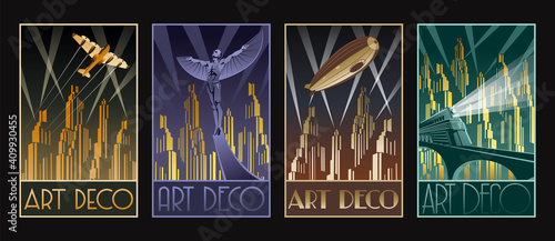 Art Deco Posters, Retro Future Transport, Night Cityscape