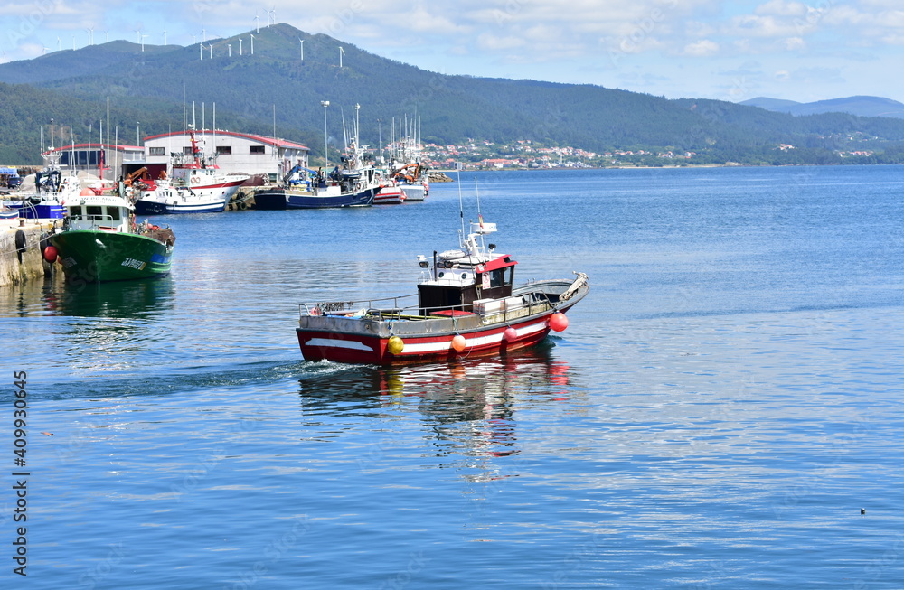 Bay with galician fishing boats in a harbor at famous Rias Baixas in Galicia Region. Portosin, A Coruña Province, Spain.

