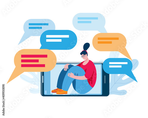 A sad girl sits on her phone amid negative comments. The concept of a vector illustration on the topic of buling in social networks.