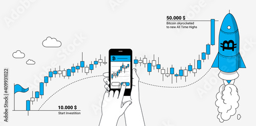 Trading bitcoin on mobile device. Online trading platform and cryptocurrency concept. Modern linear illustration.