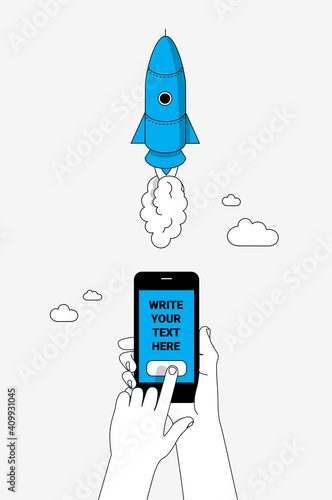 Hand pressing button on smart phone with place for your text. Internet of things concept. Modern linear illustration.