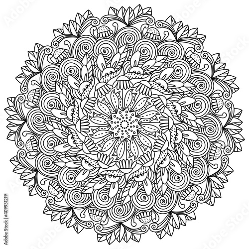 Contour ornate mandala for Easter, coloring page with curls and bunnies