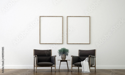 The mock up room interior design of minimal living room and canvas poster on empty white wall pattern background, 3d rendering