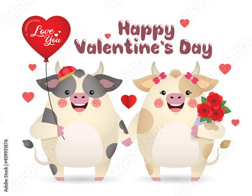 2021 Chinese new year : year of the Ox. Happy Valentine's Day. Cute cartoon cow couple holding heart shape balloon and bouquet isolated on white background. 14 february vector illustration.